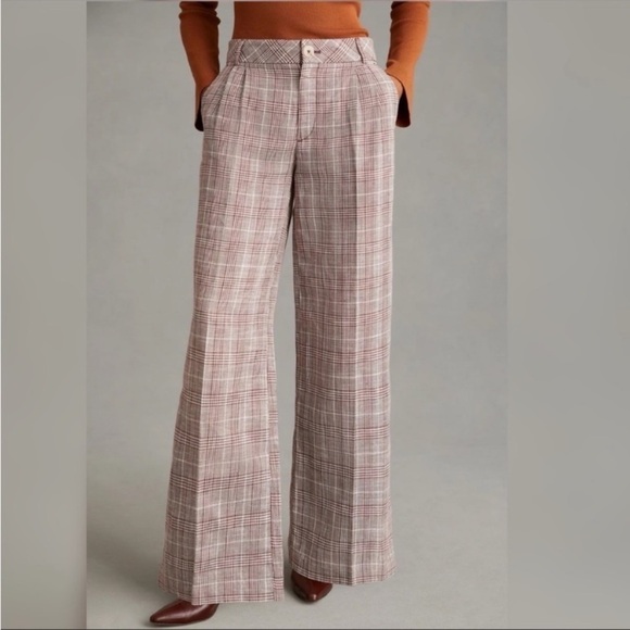 Maeve Pants - Maeve Pleated Plaid Brown High Rise Linen Wide Leg Trousers Pants